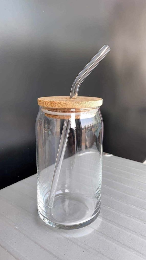 Bamboo Lid Coffee Glass with straw/ 500ml