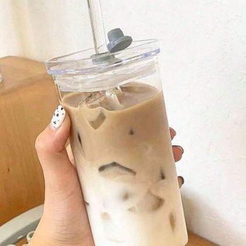 High Tempered Glass Coffee Tumbler with lid and straw (400ml)